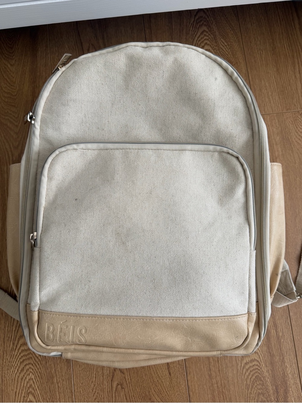 Beis The Backpack Beige Canvas Laptop Travel Bag Faux Leather Trim One Size